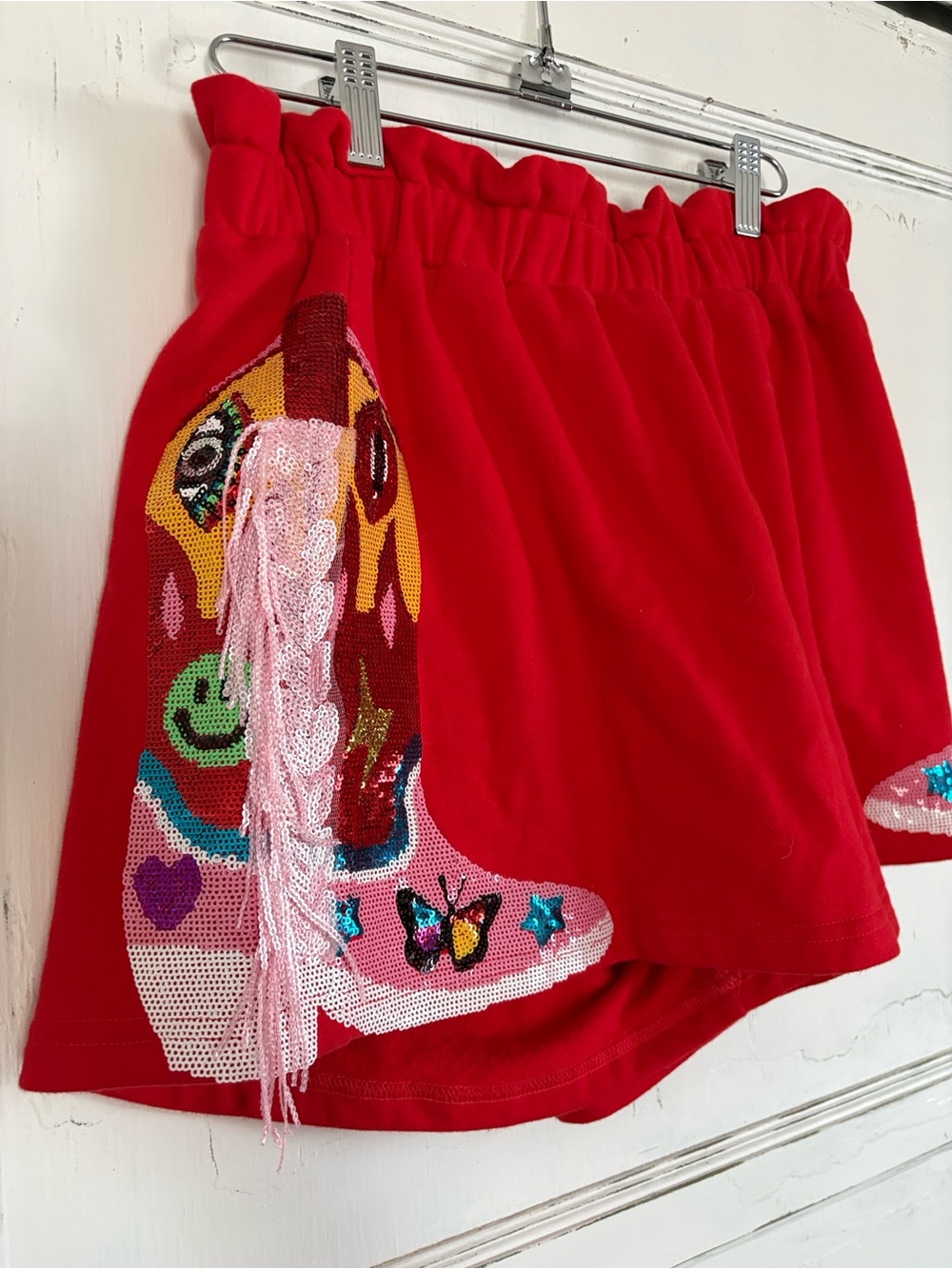 NWOT Queen of Sparkles Fringe Cowboy Boots Shorts Sweatshorts Small
